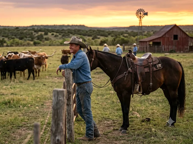 Rancher with a horse and cattle on a US livestock farm