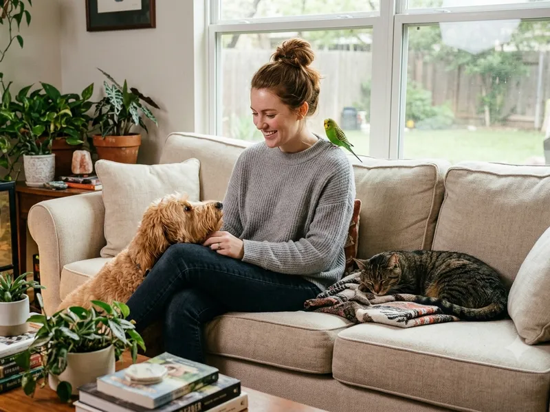Pet owner at home with a dog, cat and pet bird