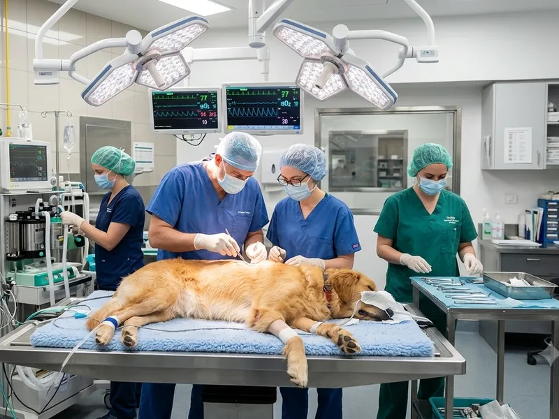 Veterinary surgical team operating in a clinical theatre